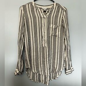 Lucky Brand Black and Cream Striped Long Sleeve Roll Tab Shirt | Size S